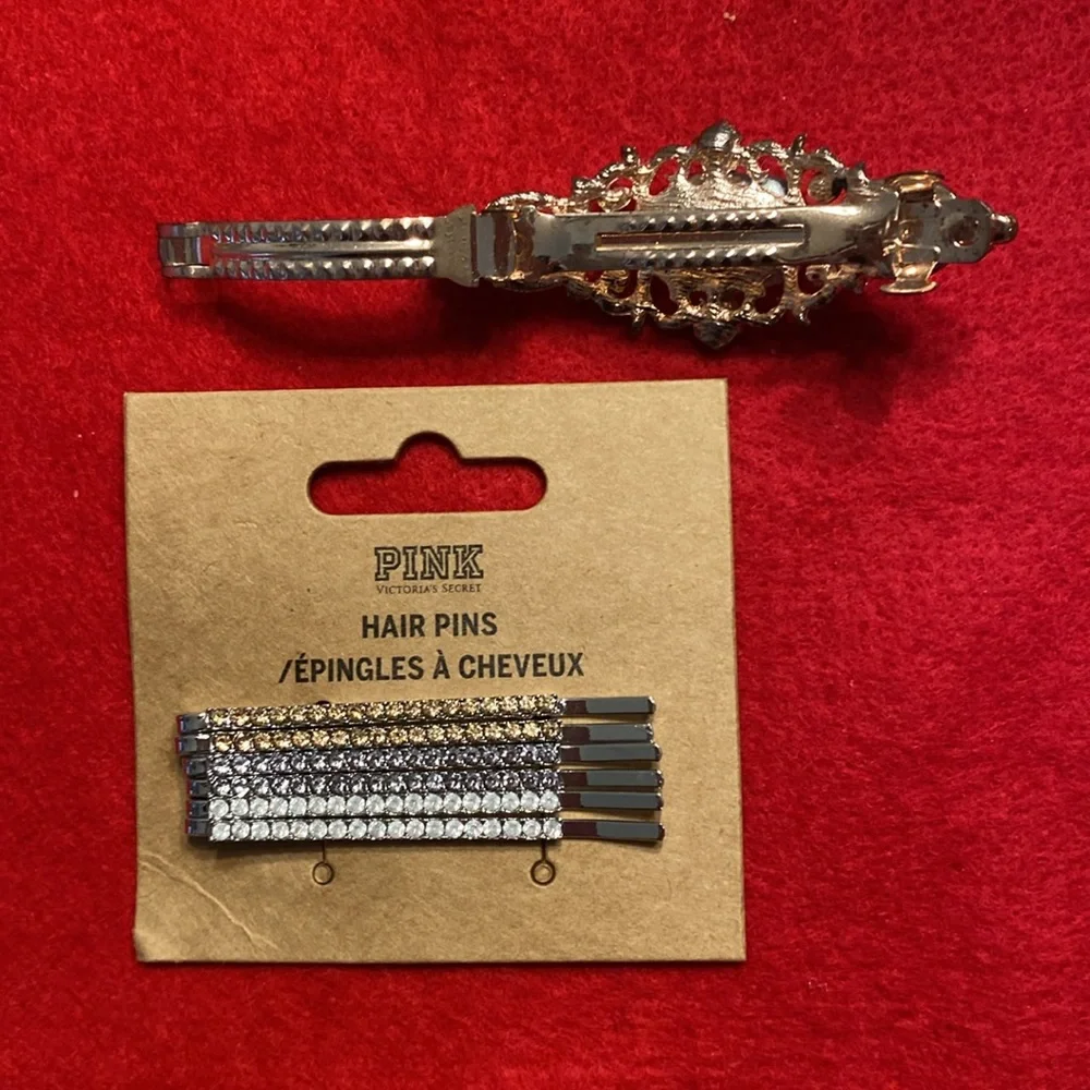 Pink Victoria's Secret rhinestone bobby pins and rhinestone barrette